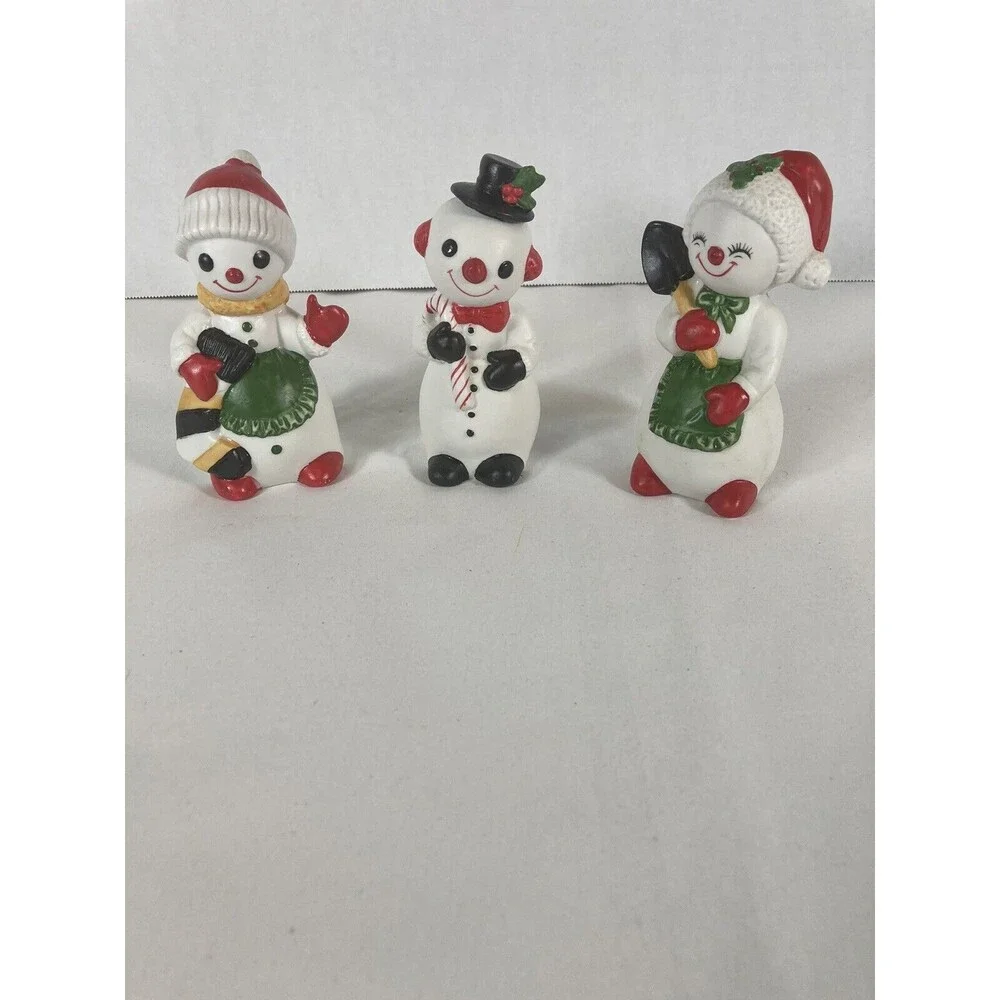 Porcelain Bisque Snowmen Set of 3 Shovel Stocking Candy Cane Vintage Taiwan Xmas